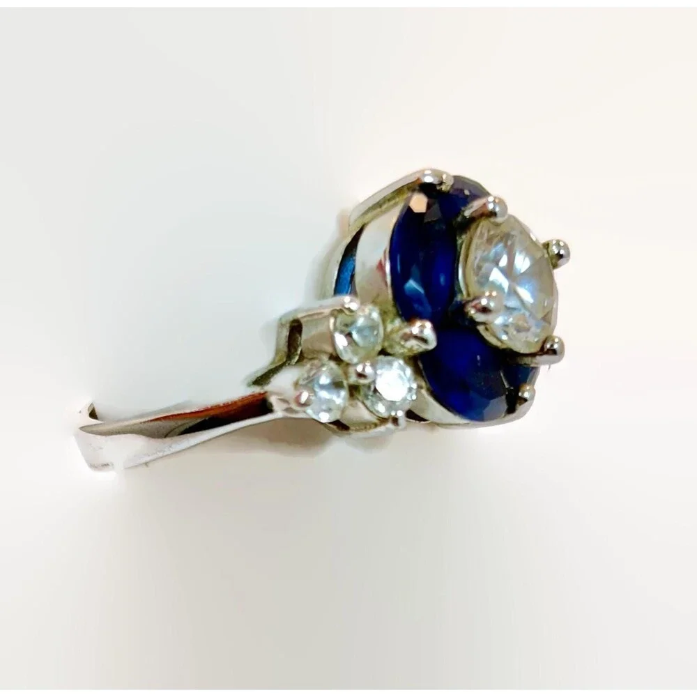 Art Deco Style Ring, Sterling Silver, Vintage, Designer, Faux Blue Sapphire, CZs